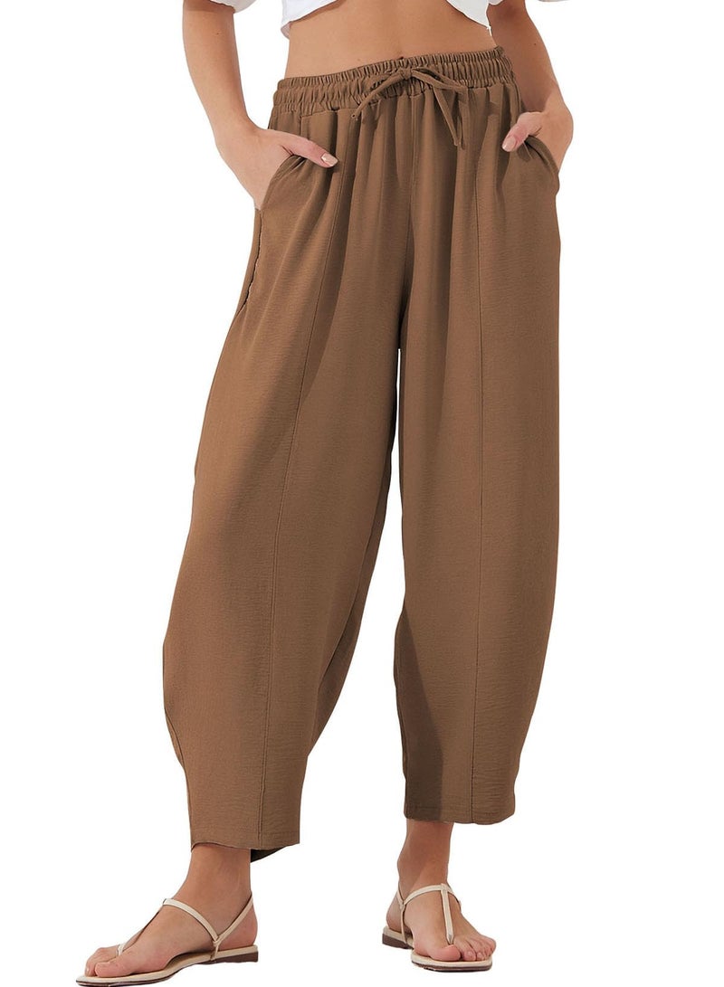 EVALESS Resort Wear for Women 2026 Summer High Waisted Drawstring Lounge Flowy Beach Harem Pants Summer Cruise Vacation Outfits Chestnut M - Image 1