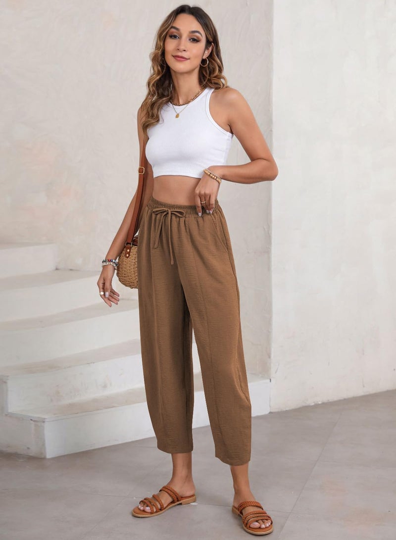 EVALESS Resort Wear for Women 2026 Summer High Waisted Drawstring Lounge Flowy Beach Harem Pants Summer Cruise Vacation Outfits Chestnut M - Image 5