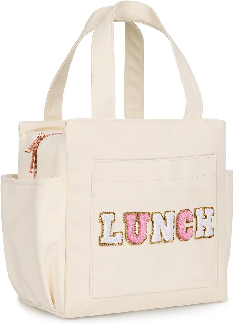 Joymee Leather Lunch Box Lunch Bag for Women Adult Insulated Reusable Leakproof Large Spacious Lunch Cooler Lunch Tote Bag with Bottle Holder and Side Pockets for Work Picnic Beach (Letter LUNCH) - Image 2