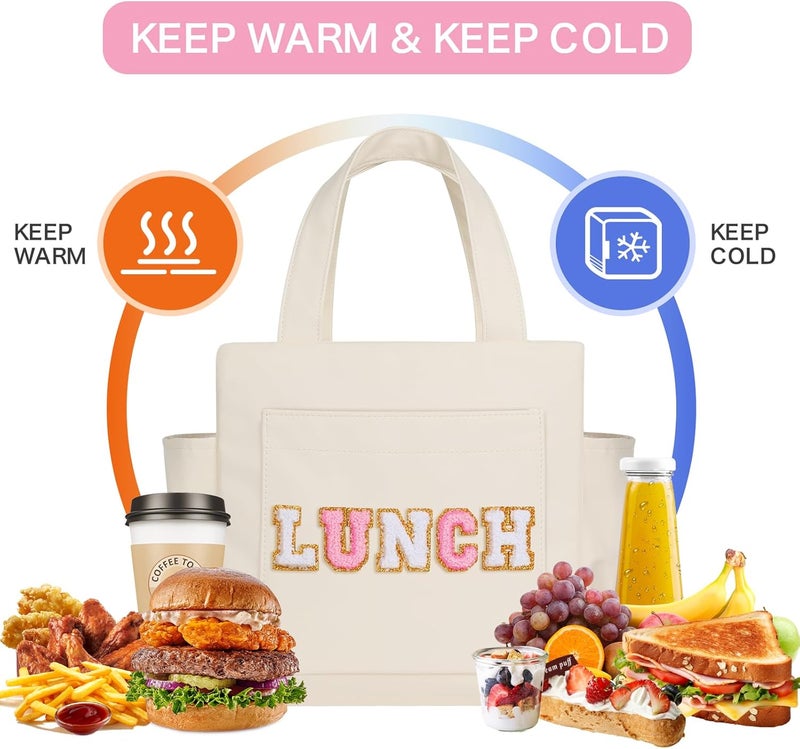 Joymee Leather Lunch Box Lunch Bag for Women Adult Insulated Reusable Leakproof Large Spacious Lunch Cooler Lunch Tote Bag with Bottle Holder and Side Pockets for Work Picnic Beach (Letter LUNCH) - Image 4