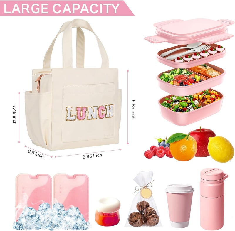 Joymee Leather Lunch Box Lunch Bag for Women Adult Insulated Reusable Leakproof Large Spacious Lunch Cooler Lunch Tote Bag with Bottle Holder and Side Pockets for Work Picnic Beach (Letter LUNCH) - Image 3