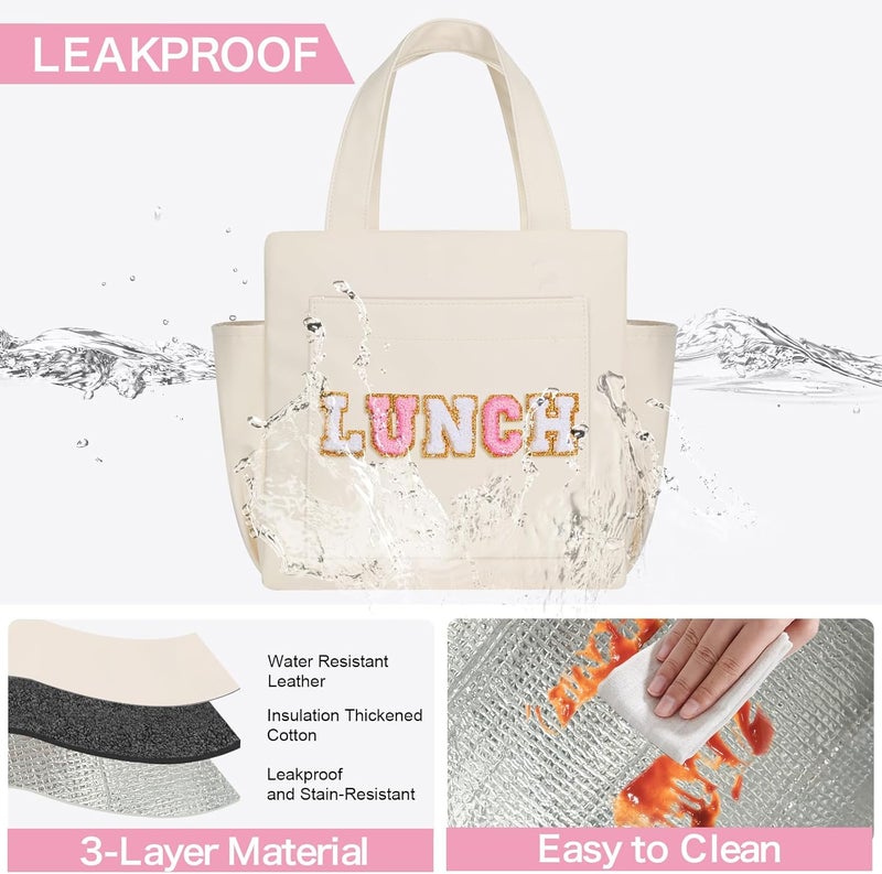 Joymee Leather Lunch Box Lunch Bag for Women Adult Insulated Reusable Leakproof Large Spacious Lunch Cooler Lunch Tote Bag with Bottle Holder and Side Pockets for Work Picnic Beach (Letter LUNCH) - Image 5