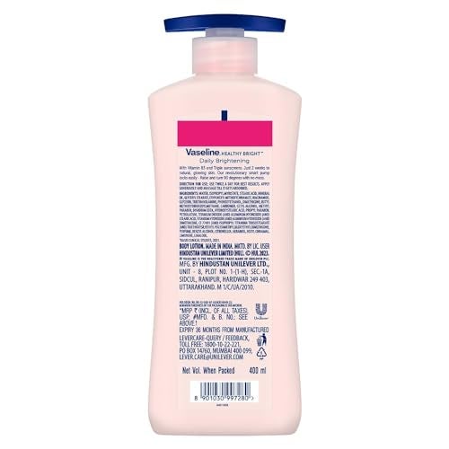 Vaseline Healthy Bright Body Lotion 400 ml, Daily Brightening Moisturizer with Sunscreen for Dry Skin, Gives Non-Greasy Glowing Skin - For Men & Women - Image 2