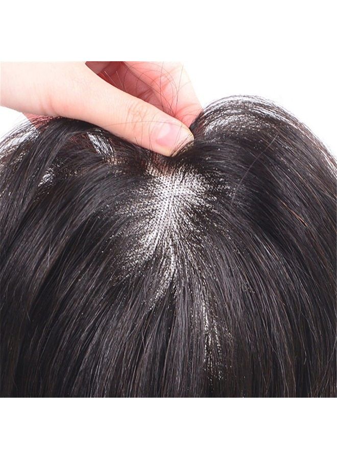 Remeehi Short Straight Human Hair Toppers 18cm Hand Made Clip in Hairpiece for Covering White Hair Tape Toupee Wiglet by Remeehi 5x7cm Black - Image 4