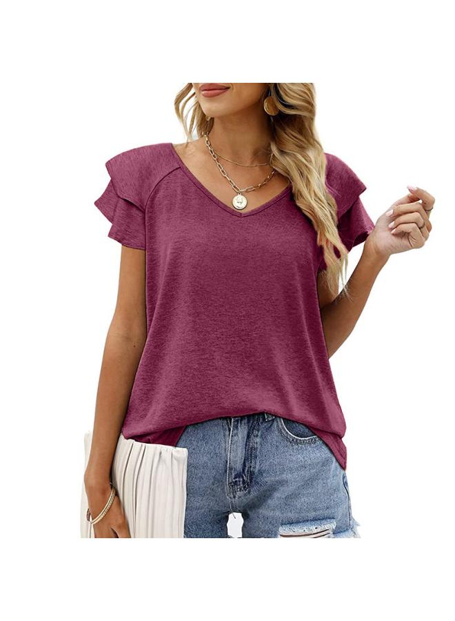 Song Feng Ya New European And American Women's Top V-neck Double-layer Lotus Leaf Short-sleeved Women's T-shirt 
