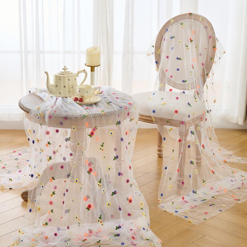 BINBE 1pcs Ivory Daisy Table Runner Embroidery Gauze 10FT Florals Seasonal Tulle Holiday Birthday Kitchen Dining Table Decor for Home Party - Image 5