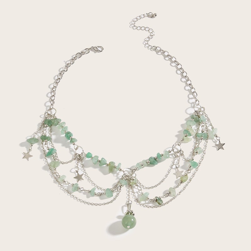 European and American Cross-border Niche Design Sweet Cool Natural Stone Beaded Five-pointed Star Tassel Agate Pendant Necklace Chain A2-7 (green aventurine)