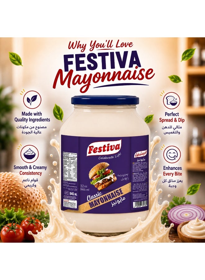 Festiva Classic Mayonnaise 35% Fat 946ml Glass Jar - Creamy Mayo Sandwich Spread for Burgers, Sandwiches, Wraps and Snacks - Dip and Dressing - Image 4