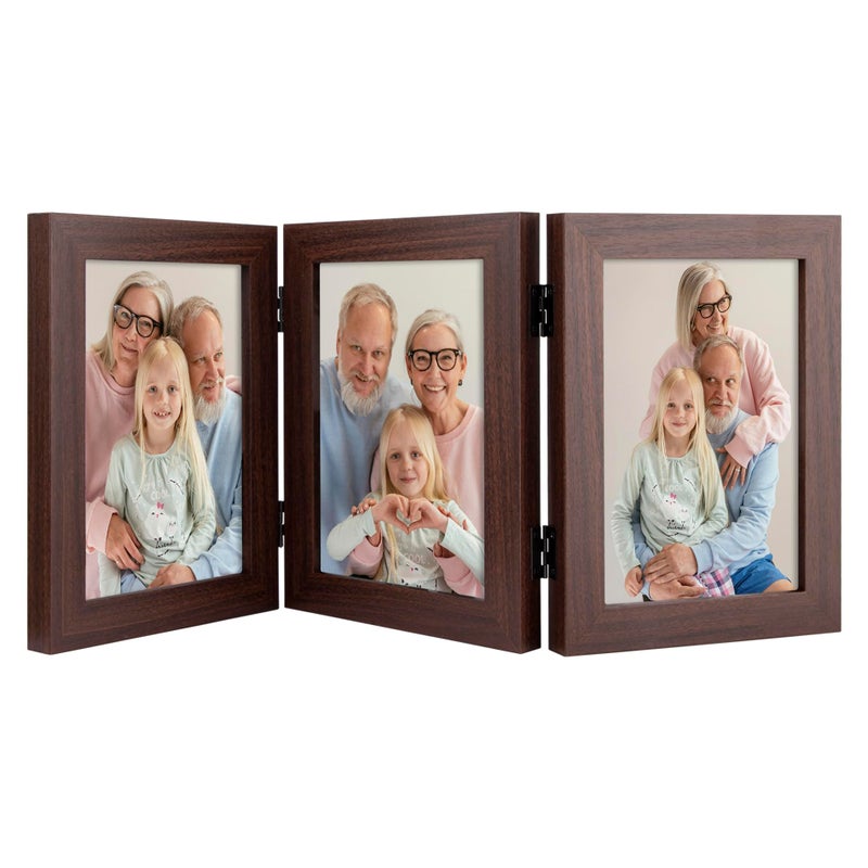Frametory 5x7 Triple Picture Frames Trifold Photos Frame Collage Hinged Picture Frames with Glass Front Tabletop Display Walnut 1 Pack