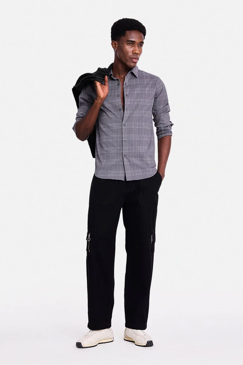 SNITCH Dark Grey Checkered Long Sleeve Slim Fit Shirt