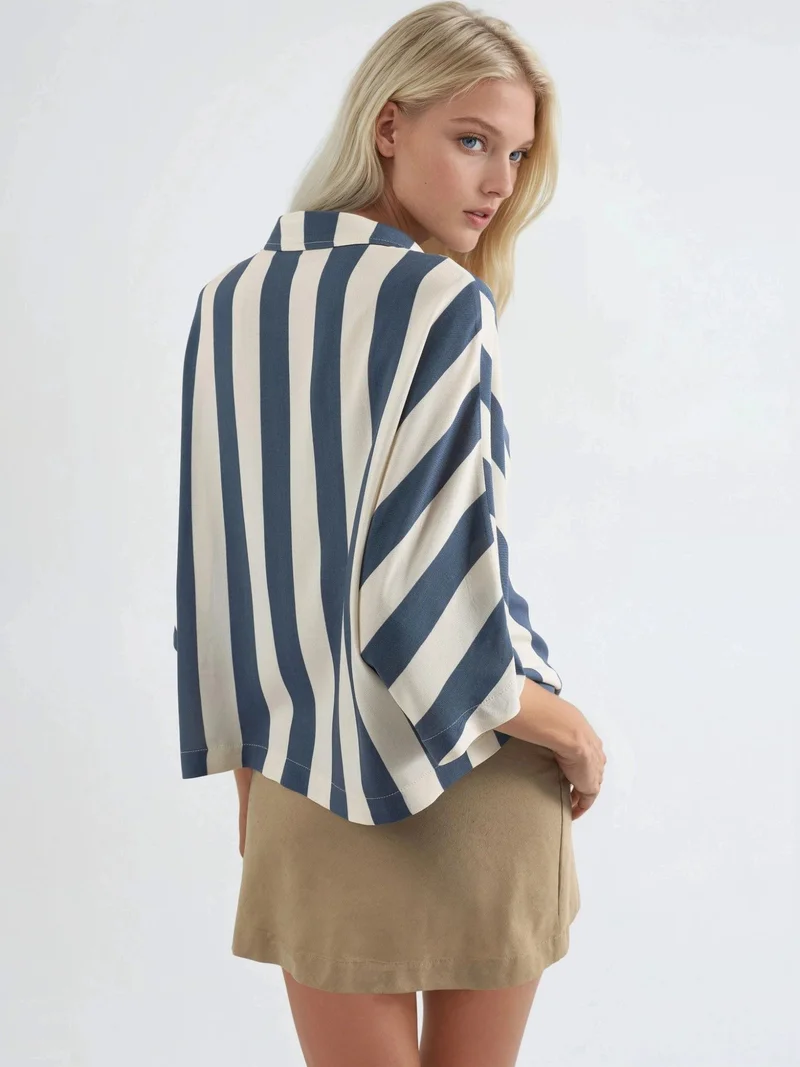 Busem Navy Blue BUSEM Relaxed Fit Striped Button-Up Shirt for Women | Best Price UAE