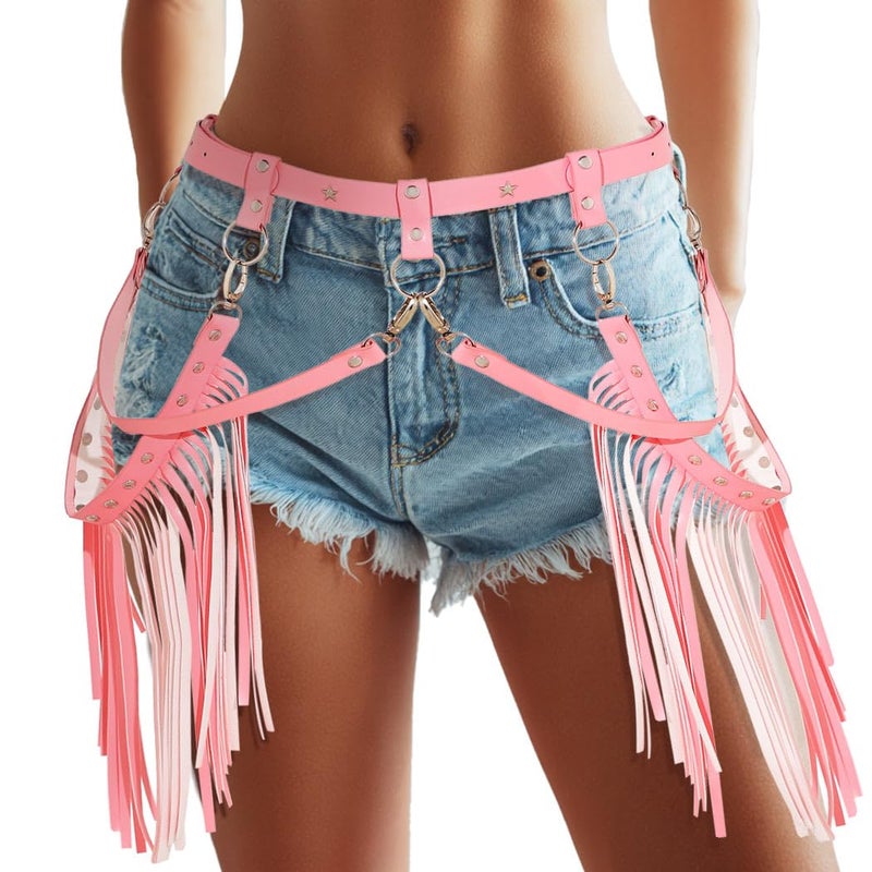 Zoestar Cowgirl Fringe Belt Leather Tassel Belts Fashion Rave Harness Waist Belt Cowgirl Costume Accessories for Women (Pink) - Image 5