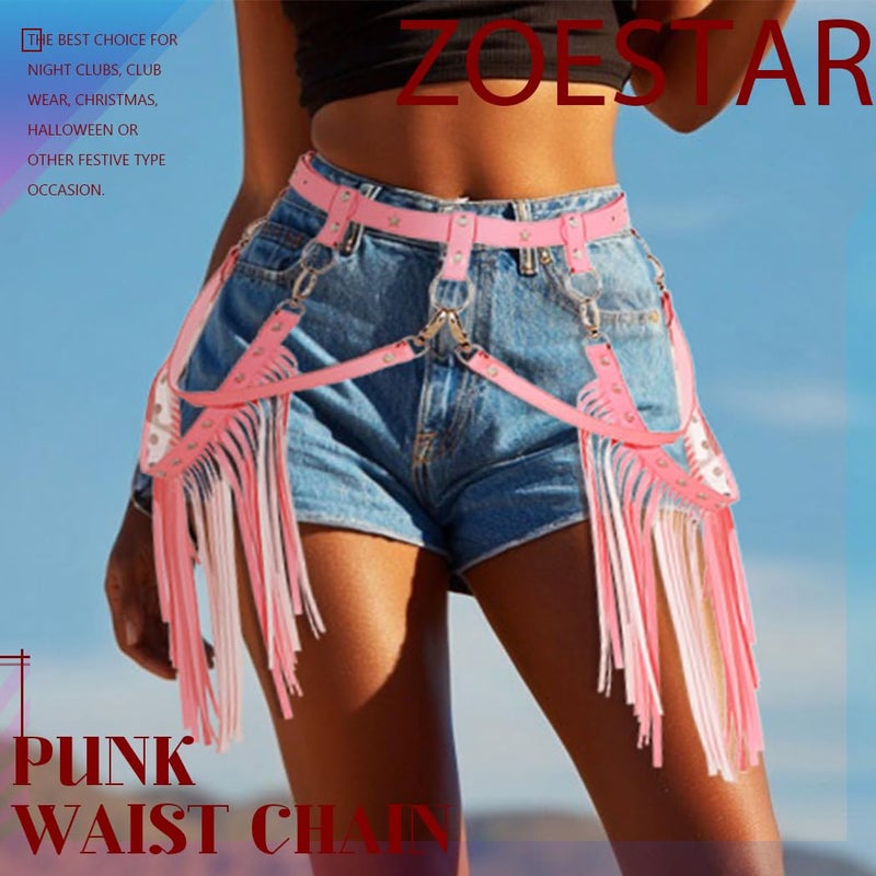 Zoestar Cowgirl Fringe Belt Leather Tassel Belts Fashion Rave Harness Waist Belt Cowgirl Costume Accessories for Women (Pink) - Image 3