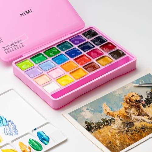 HIMI Gouache Paints set with 3 Paint Brushes, 24 Colors, 30g, Jelly Cup Design Non Toxic Paint for Canvas and Paper, Art Supplies for Professionals (Pink Case) - Image 5
