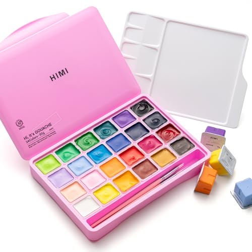 HIMI Gouache Paints set with 3 Paint Brushes, 24 Colors, 30g, Jelly Cup Design Non Toxic Paint for Canvas and Paper, Art Supplies for Professionals (Pink Case) - Image 1