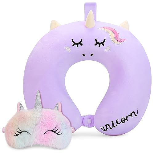 OBloved Kids Neck Pillow for Traveling, Unicorn Kids Travel Pillow with Eye Mask, Toddler Travel Essentials for Road Trip Airplane Flight Car Seat, Cute Cartoon Headrest Memory Foam Pillows Gift for Girl Boy - Image 1