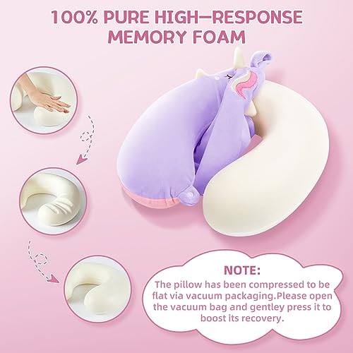 OBloved Kids Neck Pillow for Traveling, Unicorn Kids Travel Pillow with Eye Mask, Toddler Travel Essentials for Road Trip Airplane Flight Car Seat, Cute Cartoon Headrest Memory Foam Pillows Gift for Girl Boy - Image 3