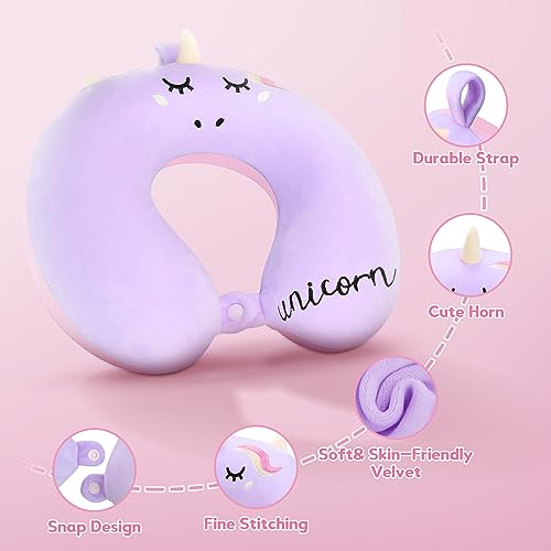 OBloved Kids Neck Pillow for Traveling, Unicorn Kids Travel Pillow with Eye Mask, Toddler Travel Essentials for Road Trip Airplane Flight Car Seat, Cute Cartoon Headrest Memory Foam Pillows Gift for Girl Boy - Image 2