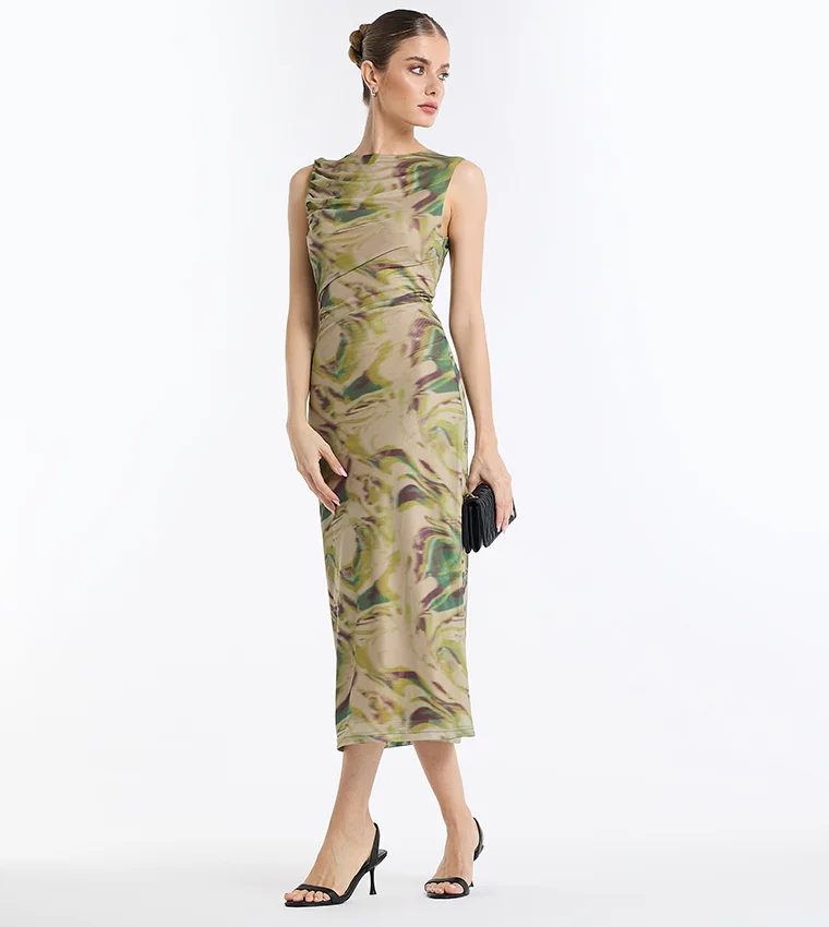BCBG Patterned Ruched Sleeveless Midi Dress
