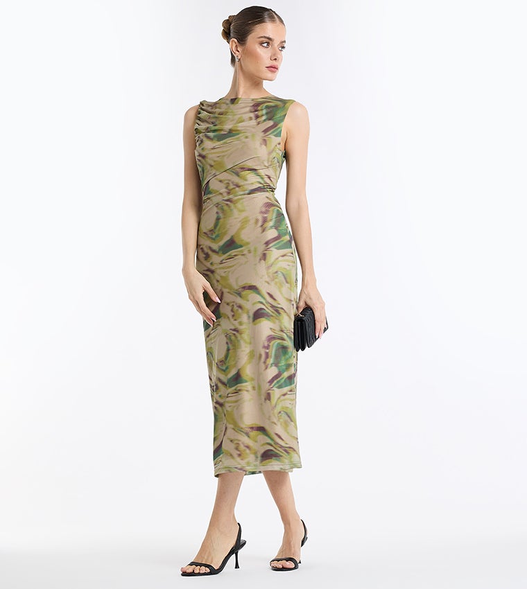 BCBG Patterned Ruched Sleeveless Midi Dress - Image 5