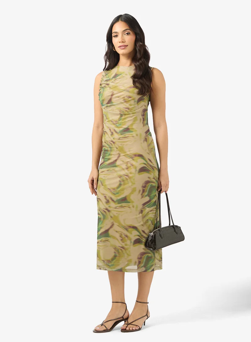 BCBG Patterned Ruched Sleeveless Midi Dress