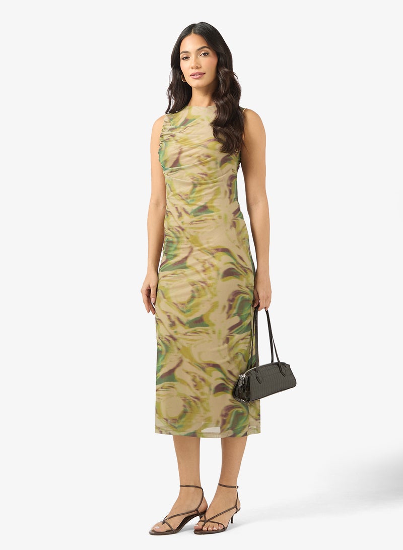BCBG Patterned Ruched Sleeveless Midi Dress - Image 4