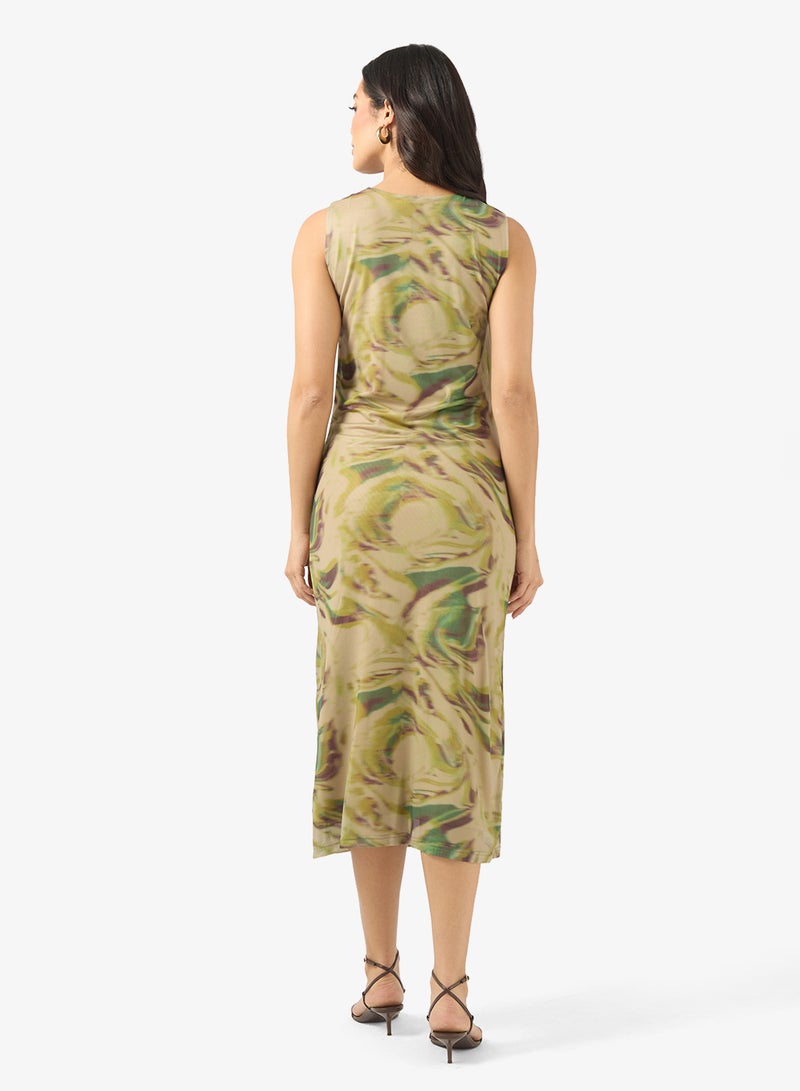 BCBG Patterned Ruched Sleeveless Midi Dress - Image 2