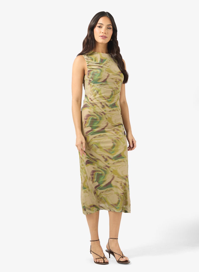 BCBG Patterned Ruched Sleeveless Midi Dress - Image 1
