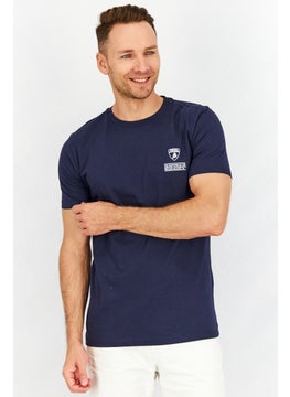 Men Crew Neck Short Sleeves Brand Logo T-Shirt, Navy Blue
