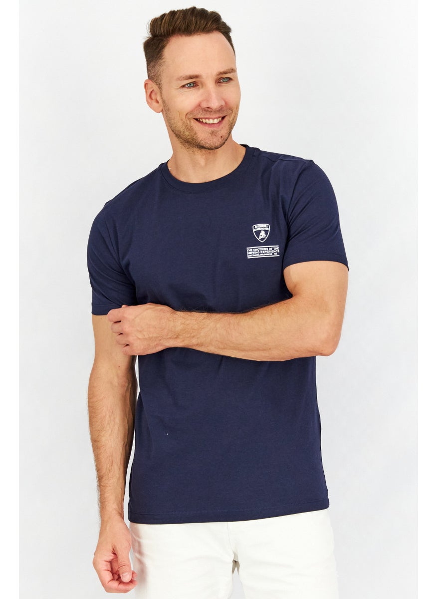 LAMBORGHINI - Men Crew Neck Short Sleeves Brand Logo T-Shirt, Navy Blue - Image 1