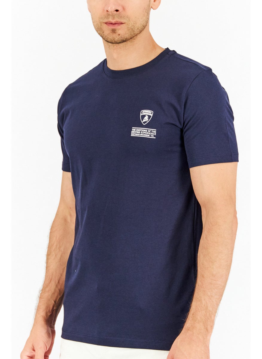 LAMBORGHINI - Men Crew Neck Short Sleeves Brand Logo T-Shirt, Navy Blue - Image 1