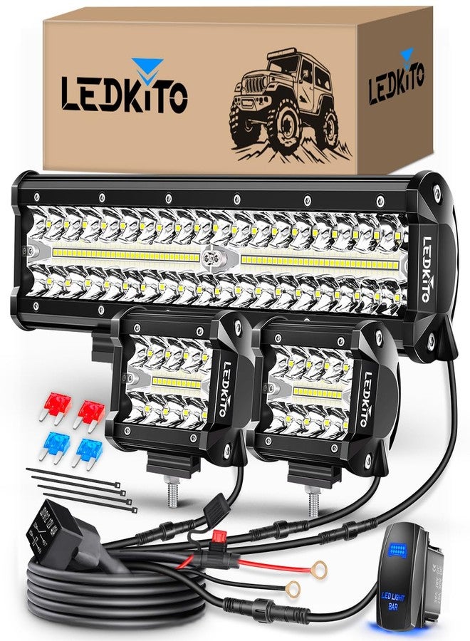 LEDKITO 12 Inch LED Light Bar and 2PCS 4 Inch LED Pods with Rocker Switch 16AWG 3 Lead Wiring Harness Kit Off Road Light Bar Spot Flood Combo Triple Row Light Bar for Je-ep UTV Truck Tractor - Image 1