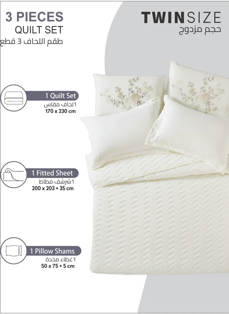 Donetella Quilt Set 3-Pcs Single Size Bed Fits(120 X 200 Cm) Soft Luxurious Digital Printed Compressed Comforter With Fitted Sheet Pillow Sham And Pillowcases,Ivory
