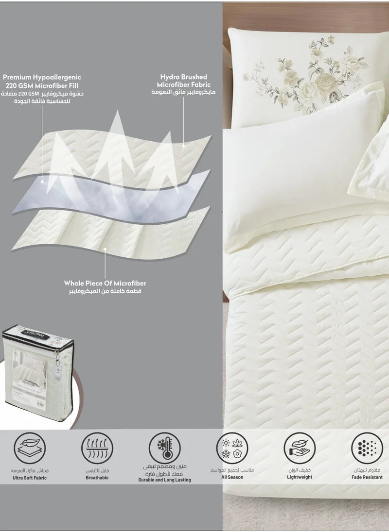 Donetella Quilt Set 3-Pcs Single Size Bed Fits(120 X 200 Cm) Soft Luxurious Digital Printed Compressed Comforter With Fitted Sheet Pillow Sham And Pillowcases,Ivory