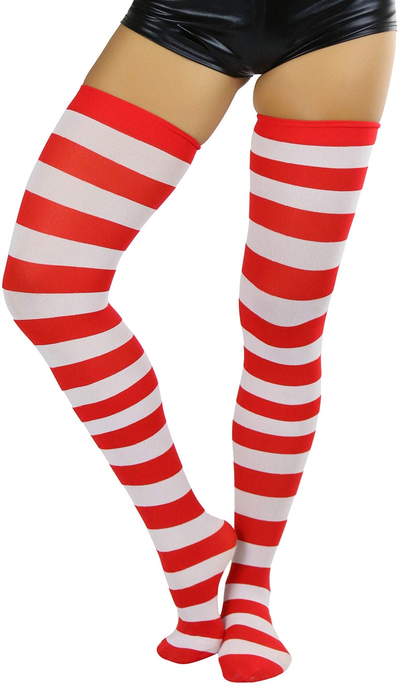 ToBeInStyle Women’s Vibrant Horizontal Wide Striped Thigh High Stockings - Red/White - Image 1