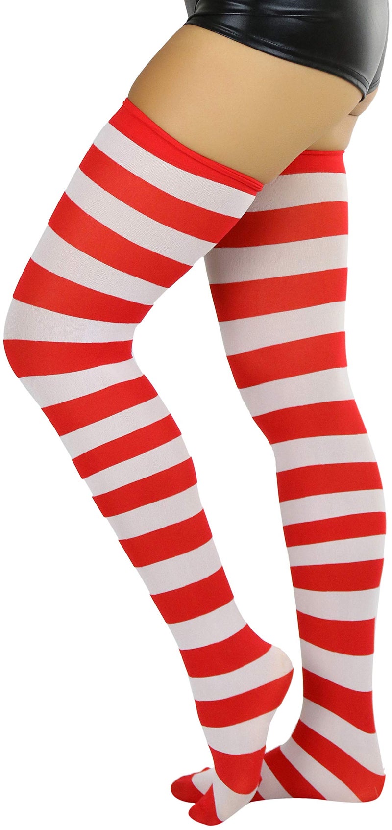 ToBeInStyle Women’s Vibrant Horizontal Wide Striped Thigh High Stockings - Red/White - Image 5