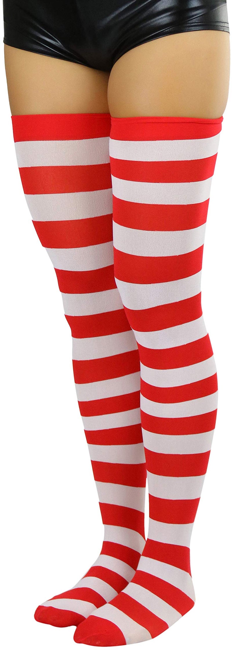 ToBeInStyle Women’s Vibrant Horizontal Wide Striped Thigh High Stockings - Red/White - Image 3