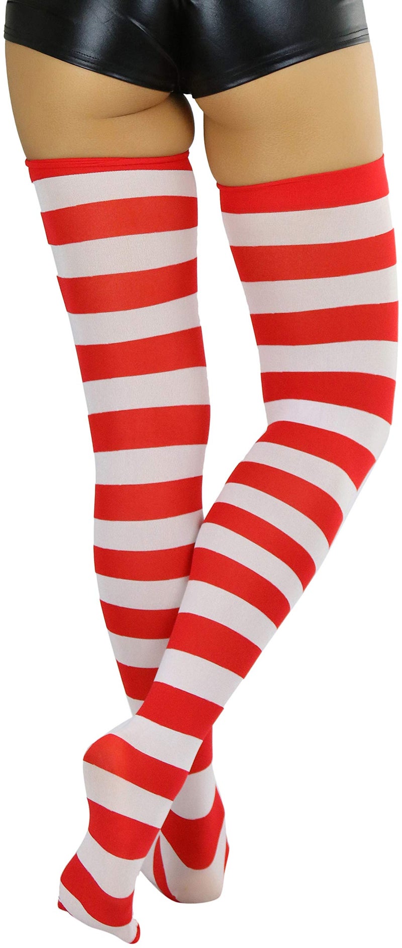 ToBeInStyle Women’s Vibrant Horizontal Wide Striped Thigh High Stockings - Red/White - Image 2