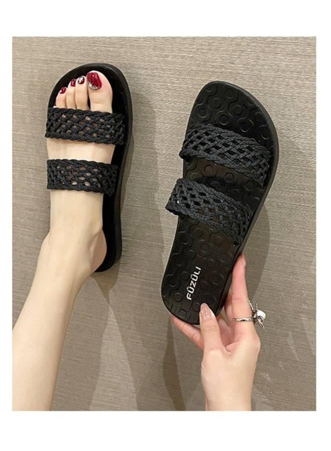 NIBEMINENT صنادل مسطحة القاع للنساء صيفية بسيطة منسوجة خارجية شاطئية كول سليبرز Sole مطاطي لون ثابت للبالغين - Image 5