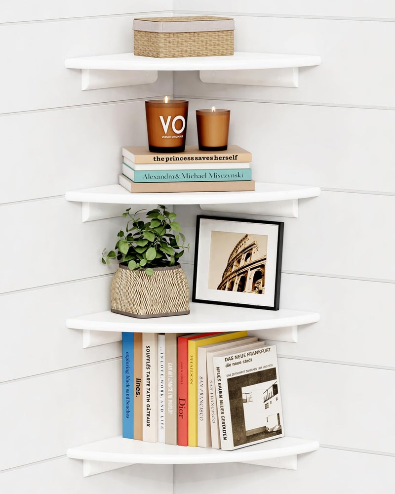 Forbena Corner White Floating Book Shelves for Wall Set of 4, Wood Nursery Corner Bookshelf for Kids Bedroom, Large Modern Round Wall Bookshelves for Living Room Decor, Indoor Plants, Bathroom - Image 1
