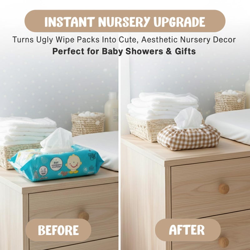 TISU Baby Wipes Cover â€“ Universal Size, One Size Fits All Wipes Packages | Muslin Cotton Tissue Cover for Nursery, Diaper Bag & Changing Table, Station | Gingham & Neutral Patterns (Beige Gingham) - Image 4