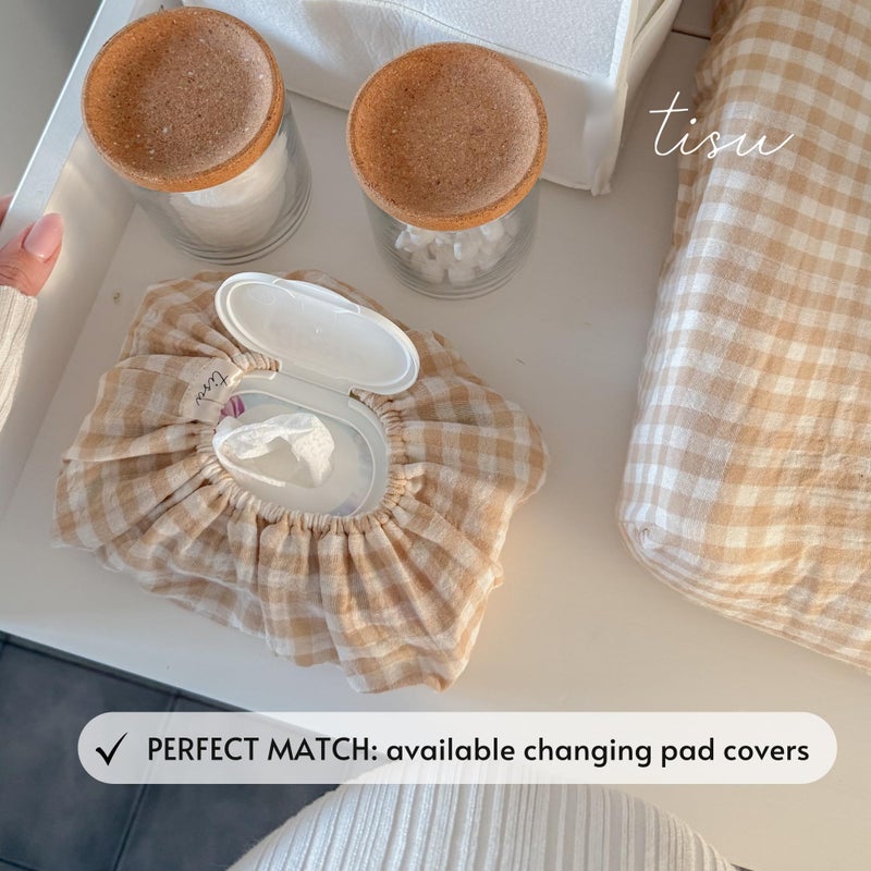 TISU Baby Wipes Cover â€“ Universal Size, One Size Fits All Wipes Packages | Muslin Cotton Tissue Cover for Nursery, Diaper Bag & Changing Table, Station | Gingham & Neutral Patterns (Beige Gingham) - Image 3