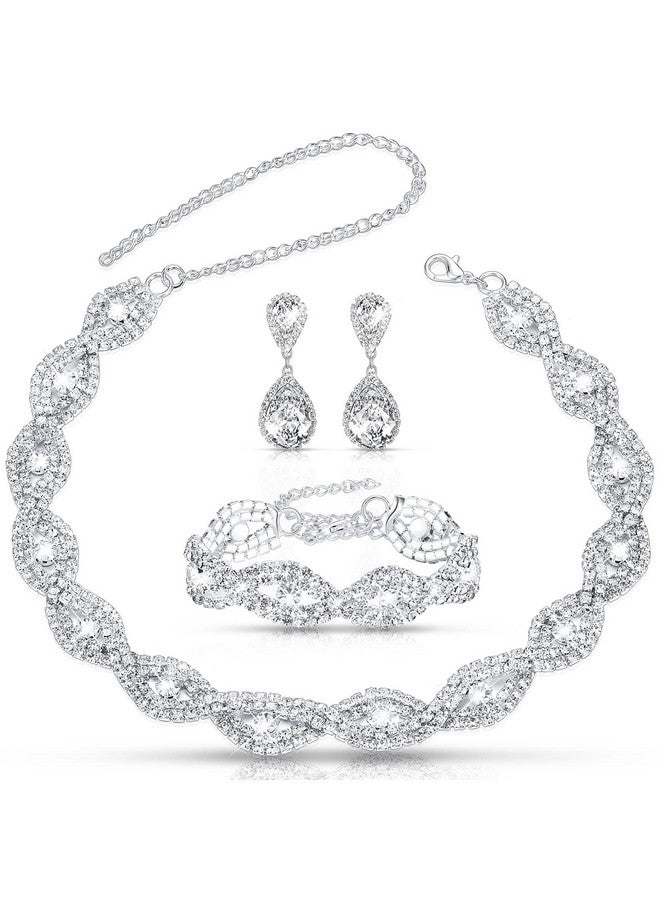 Inbagi 3 Pcs Women Crystal Jewelry Set Includes Bridal Wedding Rhinestone Choker Necklace Crystal Bracelets And Dangle Earrings (Modern Style) - Image 1