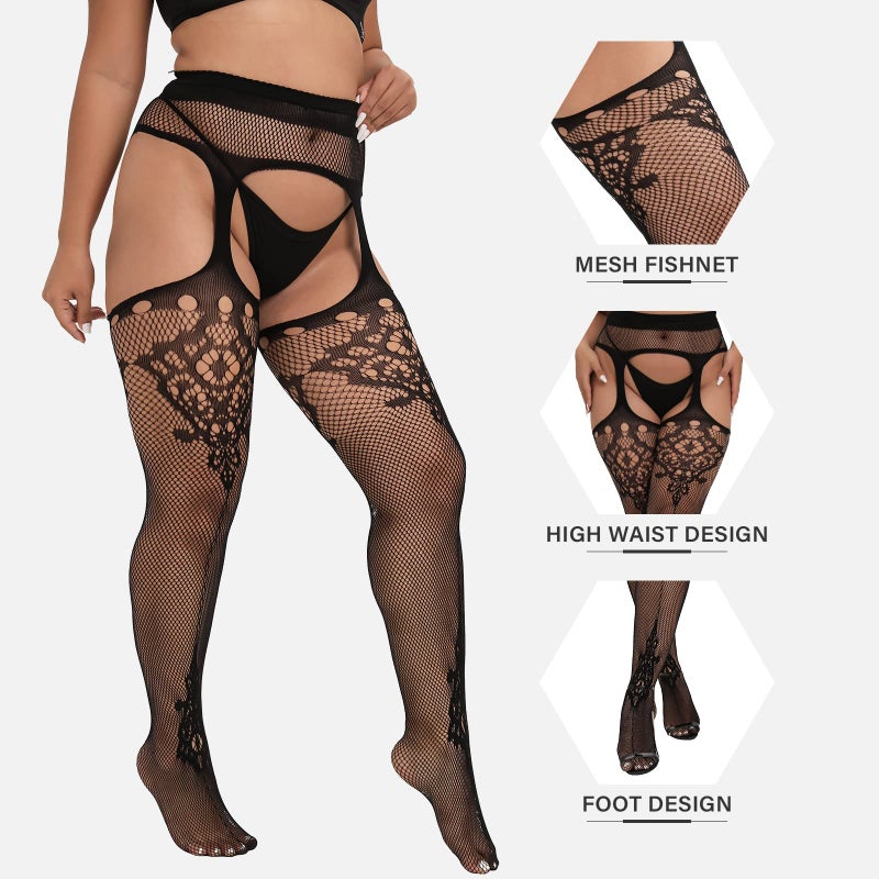 MANZI Plus Size Stockings Thigh High Fishnet Stockings Suspender Patterned Tights for Women Pattern A Diamond Pack of 2 - Image 2
