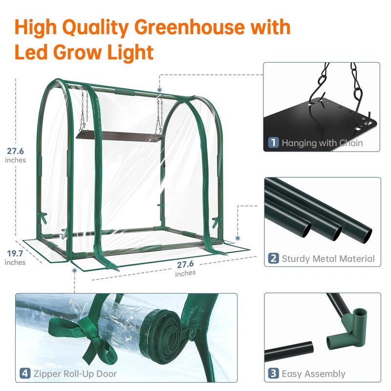 Bstrip Mini Indoor Greenhouse with Grow Lights, 27.2" L X 19.9" W X 27.2" H Desktop Small Greenhouse with Zippered Door and PVC Cover for Seed Starting, 1.6FT Plant Light for Indoor Plants with Timer - Image 3