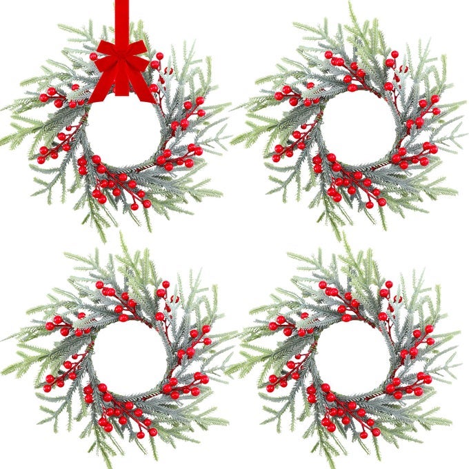 6 PCS CHRISTMAS KITCHEN CABINET WREATH CHRISTMAS CANDLE RINGS WREATHS SMALL PILLARS MINI CANDLE RINGS ARTIFICIAL BERRY NORFOLK PINE WREATH FOR XMAS TABLE CENTERPIECE FRONT DOOR DECOR