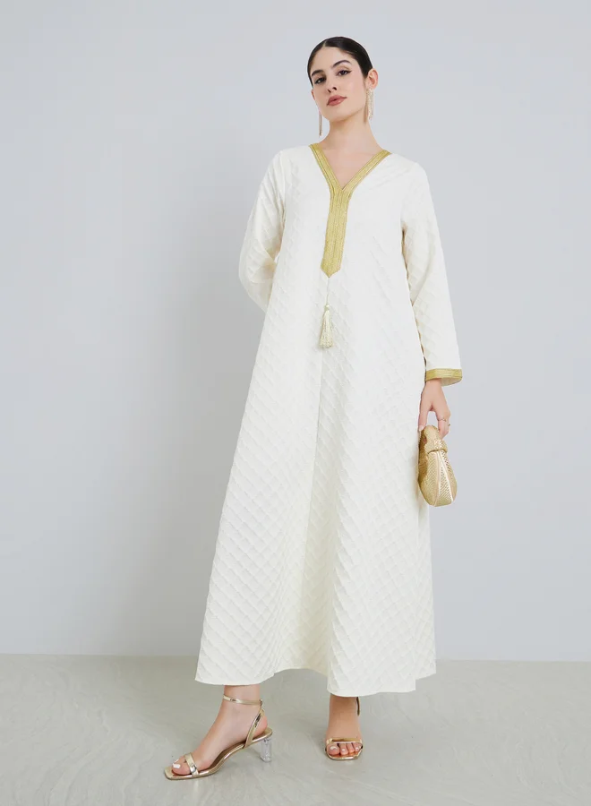 Amirah Women Beige Jacquard Jalabiya with Gold Accents