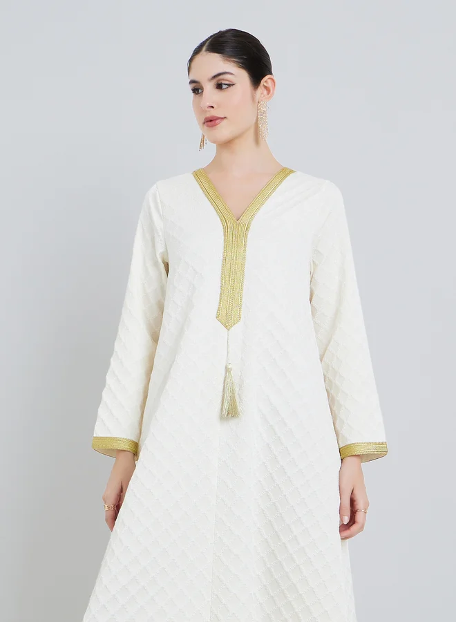 Amirah Women Beige Jacquard Jalabiya with Gold Accents