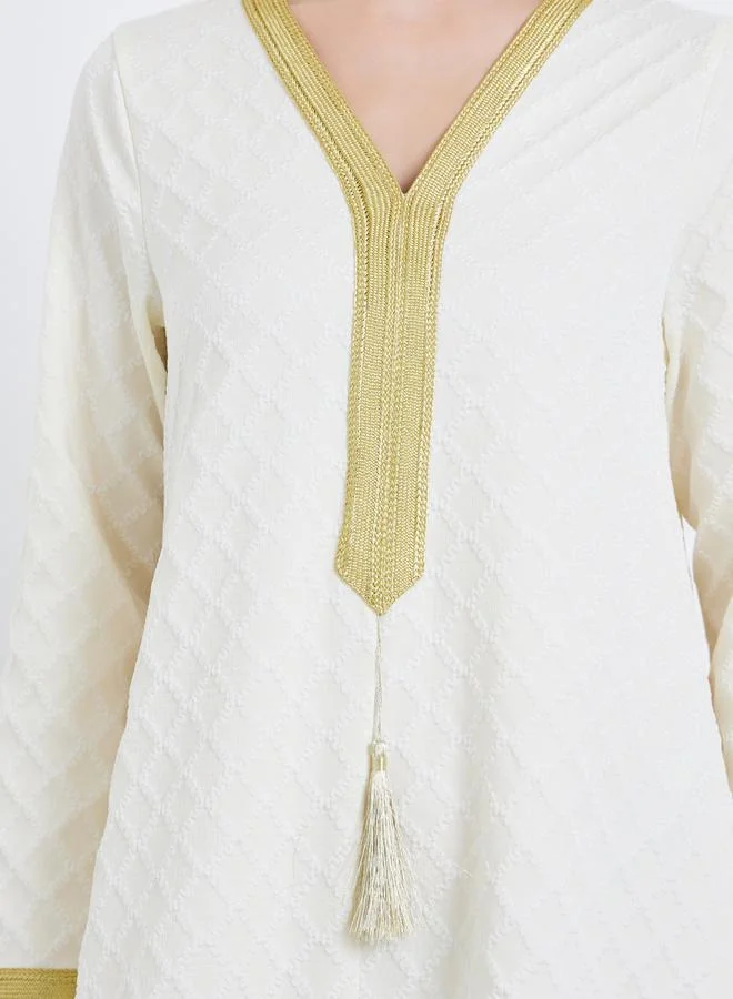 Amirah  Women Beige Jacquard Jalabiya with Gold Accents for Women | Best Price UAE