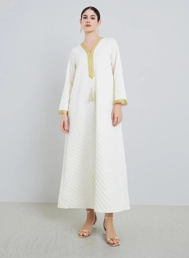 Amirah  Women Beige Jacquard Jalabiya with Gold Accents for Women | Best Price UAE